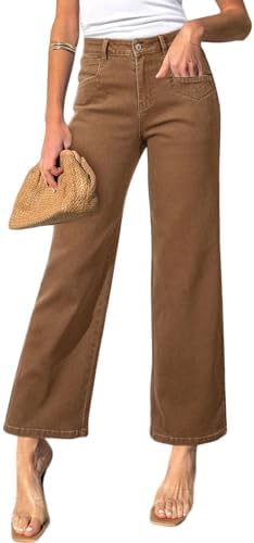 Sidefeel Women's Straight Leg Jeans High Waisted Stretchy Jeans Zimbaplatinum Wide Leg Ankle Denim Pants with Pockets