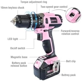 WORKPRO Pink Cordless 20V Lithium-ion Drill Driver Set, 1 Battery, Charger and Storage Bag Included - Pink Ribbon