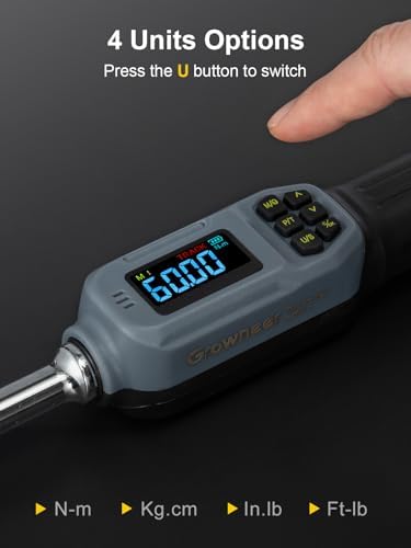 GROWNEER Digital Torque Wrench, 2.2-44.2 Ft-lbs/3-60 Nm, 3/8'' Drive Rachet Torque Wrench with Buzzer & Colorful LED Indicator, Electronic Torque Wrench Set for Bike Motorcycle Auto Repair