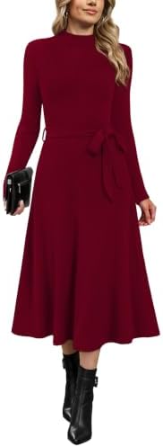 OFEEFAN Long Sleeve Dress Mock Neck Tie Waist Ribbed Knit Midi Dresses Fall Outfits