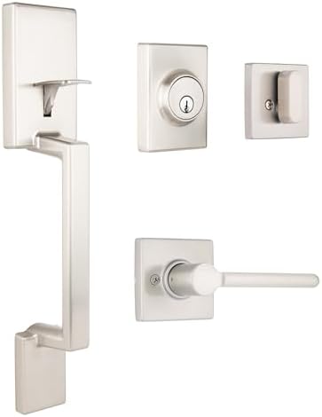 BRINKS Contemporary Keyed Entry Door Handleset with Lever and Deadbolt, Modern Front Door Lock Set, Easy Install, Pick-Resistant (Straight Lever, Satin Nickel)