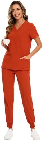COZYFIT Scrubs for Women Set - Stretch V-Neck & Jogger Pant with 9 Pockets