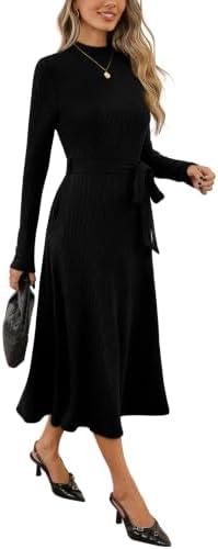 OFEEFAN Long Sleeve Dress Mock Neck Tie Waist Ribbed Knit Midi Dresses Fall Outfits
