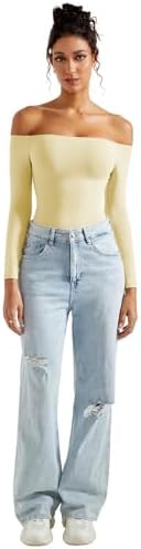 SUUKSESS Women Off Shoulder Long Sleeve Bodysuits Double Lined Basic Tops
