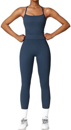 QBGJTD Womens Workout Sets Two Piece Cross Back Tank Top Matching High Waist Leggings Sets Gym Outfits Work Out Clothes