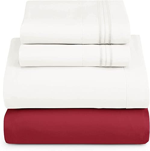 Nestl Twin Sheets Set - 3 Piece Twin Bed Sheets, Hotel Luxury, Extra Soft, Double Brushed Bedding for Twin Size, 2 Tone Burgundy/White Set, Burgundy Fitted Sheet, White Flat Sheet, White Pillow Case