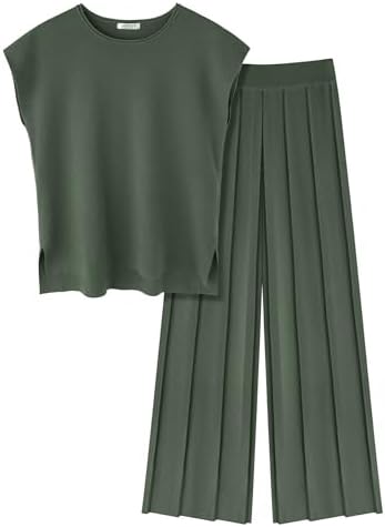 Ekouaer Lounge Sets for Women Two Piece Outfits Knit Cap Sleeve Tops Wide Leg Pleated Pants Casual Dressy Sweater Sets