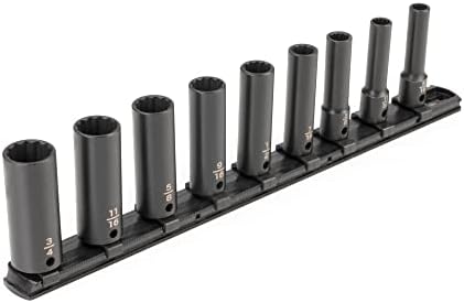 TEKTON 3/8 Inch Drive Impact Socket Set, 9-Piece | SID91109 | (5/16 - 3/4 in.), Deep, 12-Point, Socket Rail