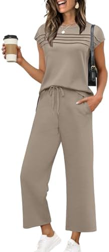 WIHOLL Two Piece Sets for Women Summer Spring Travel Vacation Outfits Cap Sleeve Lounge Matching Sets Wide Leg Pants S-3XL
