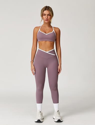 ABOCIW Workout Sets for Women 2 Piece Color Block Strappy Sports Bra High Waist Shorts Gym Yoga Pilates Outfits
