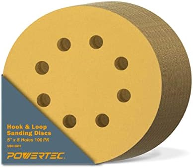 POWERTEC 100 PCS 150 Grit - 5 Inch 8 Hole Hook and Loop Sanding Discs, 5" Sanding Pads for Automotive, Drywall, Woodworking with Orbital Sander, Air, and DA Sander (44015G-50-P2)
