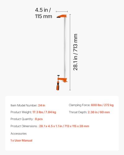 VEVOR Bar Clamps for Woodworking, 8-Pack, 24" Opening F Clamps, 600 lbs Load Limit, with Plastic Pad and Self-Locking Design, Premium Cast Iron and Carbon Steel, for Wood Working and Metal Working