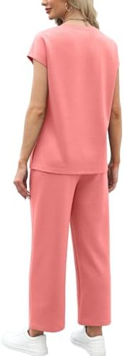 WIHOLL Two Piece Sets for Women Summer Spring Travel Vacation Outfits Cap Sleeve Lounge Matching Sets Wide Leg Pants S-3XL