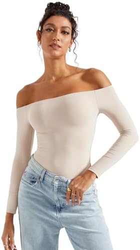SUUKSESS Women Off Shoulder Long Sleeve Bodysuits Double Lined Basic Tops