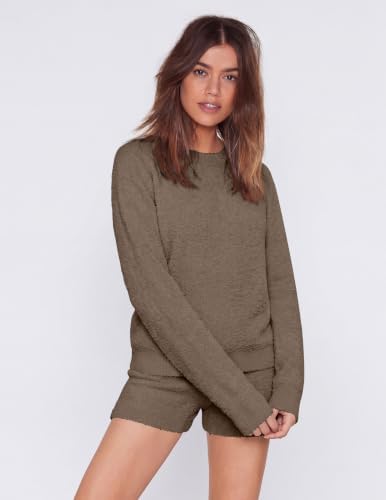 Ekouaer Fuzzy Fleece Pajamas 2 Piece Warm Soft Lounge Set Long Sleeve Sweater Top and Shorts Loungewear Outfits Sweatsuits