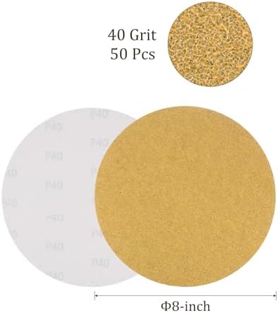 50pcs No Hole Sanding Discs- [ 8 Inch 40 Grit ] Round Hook and Loop Grip Sanding Pads Sheet Sandpaper for Automotive Woodworking Metal Polishing Use| Gold, Aluminum Oxide