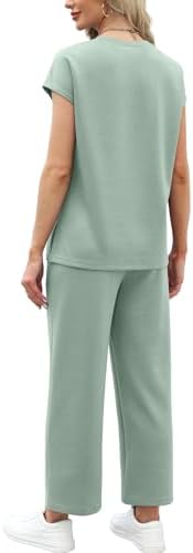 WIHOLL Two Piece Sets for Women Summer Spring Travel Vacation Outfits Cap Sleeve Lounge Matching Sets Wide Leg Pants S-3XL