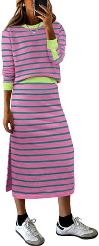 ANRABESS Women 2 Piece Striped Sweater Skirt Set