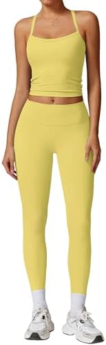 QBGJTD Womens Workout Sets Two Piece Cross Back Tank Top Matching High Waist Leggings Sets Gym Outfits Work Out Clothes