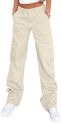 Lepunuo Cargo Pants for Women High Waisted Casual Pants Baggy Stretchy Wide Leg Y2K Streetwear with 6 Pockets