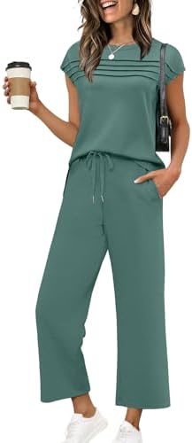 WIHOLL Two Piece Sets for Women Summer Spring Travel Vacation Outfits Cap Sleeve Lounge Matching Sets Wide Leg Pants S-3XL