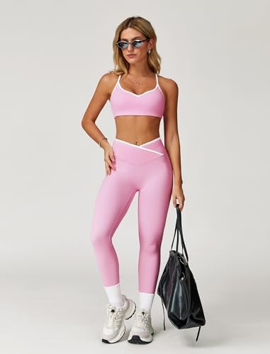 ABOCIW Workout Sets for Women 2 Piece Color Block Strappy Sports Bra High Waist Shorts Gym Yoga Pilates Outfits