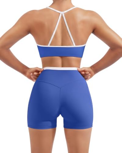 SUUKSESS Women 2 Piece Workout Sets Padded Halter Sports Bras High Waisted Biker Shorts with Pockets