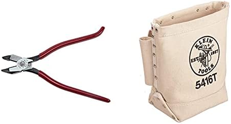 Klein Tools D201-7CSTA Linesman Pliers, Side Cutters with Spring Loaded Action & 5416T Tool Bag, Bull-Pin and Bolt Pouch, No. 4 Canvas with Tunnel Connection, 5 x 10 x 9-Inch