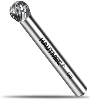 HAUTMEC Tungsten Carbide Rotary Burr Bit YG6, 1/4" Shank Double Cut Die Grinder Bit, Low Vibration Precision Rotary File for Metal Grinding, Engraving & Deburring (8MM Ball Head), HT0450