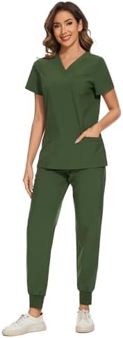 COZYFIT Scrubs for Women Set - Stretch V-Neck & Jogger Pant with 9 Pockets
