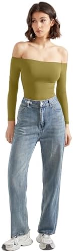 SUUKSESS Women Off Shoulder Long Sleeve Bodysuits Double Lined Basic Tops