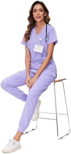 COZYFIT Scrubs for Women Set - Stretch V-Neck & Jogger Pant with 9 Pockets