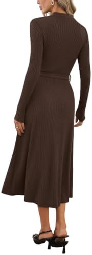 OFEEFAN Long Sleeve Dress Mock Neck Tie Waist Ribbed Knit Midi Dresses Fall Outfits