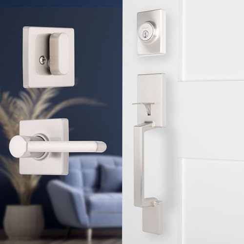 BRINKS Contemporary Keyed Entry Door Handleset with Lever and Deadbolt, Modern Front Door Lock Set, Easy Install, Pick-Resistant (Straight Lever, Satin Nickel)