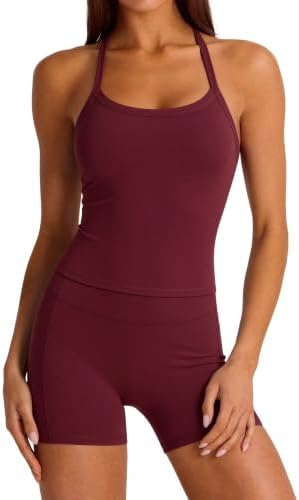 SUUKSESS Women 2 Piece Workout Sets High Waisted Biker Shorts with Pockets Built in bra Racerback Tank Tops