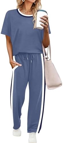 WIHOLL 2 Piece Lounge Sets for Women Matching Set Summer Outfits Short Sleeve Tops Wide Leg Pants with Pockets