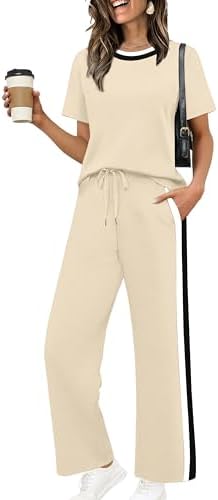 WIHOLL 2 Piece Lounge Sets for Women Matching Set Summer Outfits Short Sleeve Tops Wide Leg Pants with Pockets