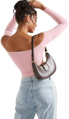 SUUKSESS Women Off Shoulder Long Sleeve Bodysuits Double Lined Basic Tops