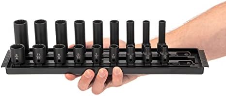 TEKTON 3/8 Inch Drive Impact Socket Set, 18-Piece | SID91212 | (5/16 - 3/4 in.), Shallow and Deep, 12-Point, Socket Rail