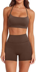 SUUKSESS Women 2 Piece Workout Sets Padded Halter Sports Bras High Waisted Biker Shorts with Pockets