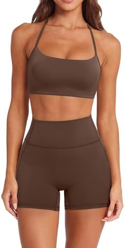 SUUKSESS Women 2 Piece Workout Sets Padded Halter Sports Bras High Waisted Biker Shorts with Pockets