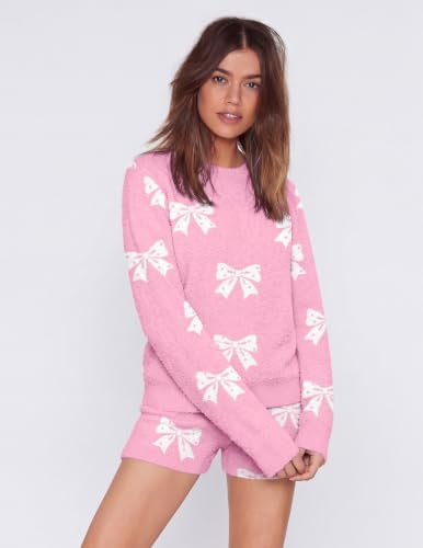 Ekouaer Fuzzy Fleece Pajamas 2 Piece Warm Soft Lounge Set Long Sleeve Sweater Top and Shorts Loungewear Outfits Sweatsuits