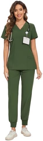 COZYFIT Scrubs for Women Set - Stretch V-Neck & Jogger Pant with 9 Pockets