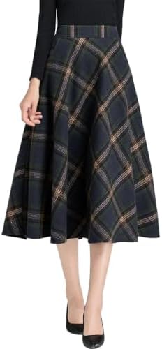 IDEALSANXUN Womens Plaid Wool Skirts Elastic Waist A-Line Pleated Tartan Long Skirts