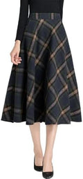 IDEALSANXUN Womens Plaid Wool Skirts Elastic Waist A-Line Pleated Tartan Long Skirts