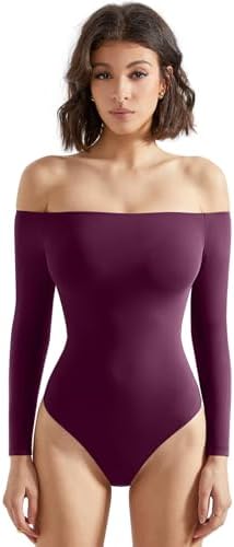 SUUKSESS Women Off Shoulder Long Sleeve Bodysuits Double Lined Basic Tops