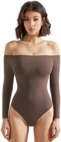 SUUKSESS Women Off Shoulder Long Sleeve Bodysuits Double Lined Basic Tops