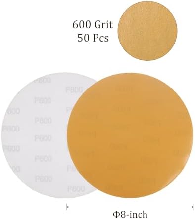 50pcs No Hole Sanding Discs- [ 8 Inch 600 Grit ] Round Hook and Loop Grip Sanding Pads Sheet Sandpaper for Automotive Woodworking Metal Polishing Use| Gold, Aluminum Oxide