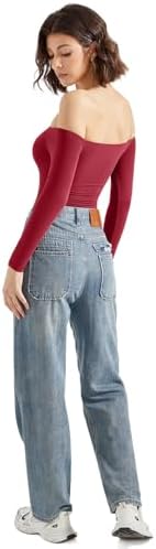 SUUKSESS Women Off Shoulder Long Sleeve Bodysuits Double Lined Basic Tops
