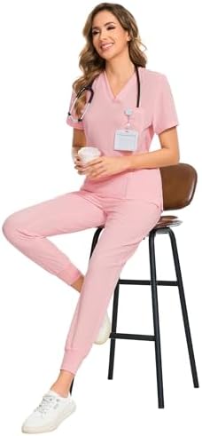 COZYFIT Scrubs for Women Set - Stretch V-Neck & Jogger Pant with 9 Pockets